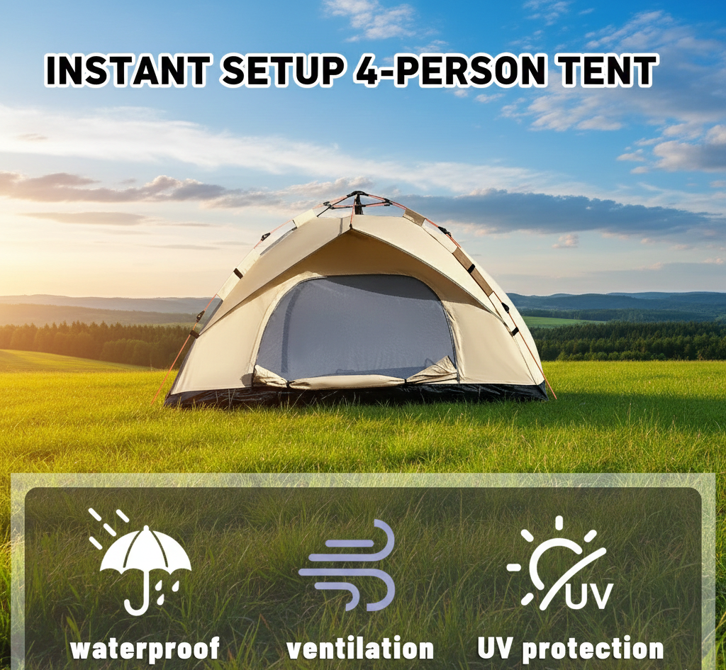 4-Person Instant Pop-Up Camping Tent - Automatic Quick Setup, UV Protection & Waterproof Sun Shelter for Outdoor Family Hiking, Beach & Fishing