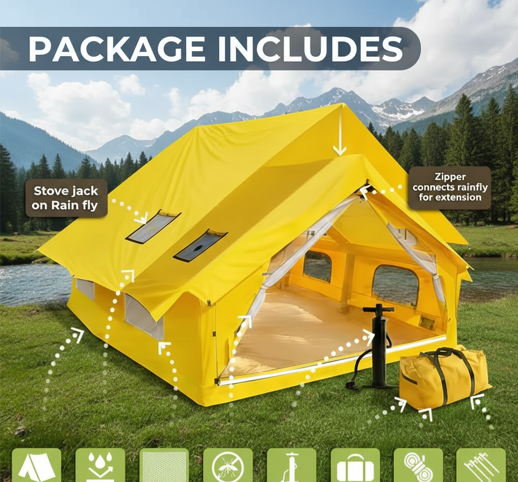 Ultimate 4-Season Inflatable Glamping Villa - 129ft² Spacious Living, All-Weather Waterproof Luxury Tent with Stove Jack