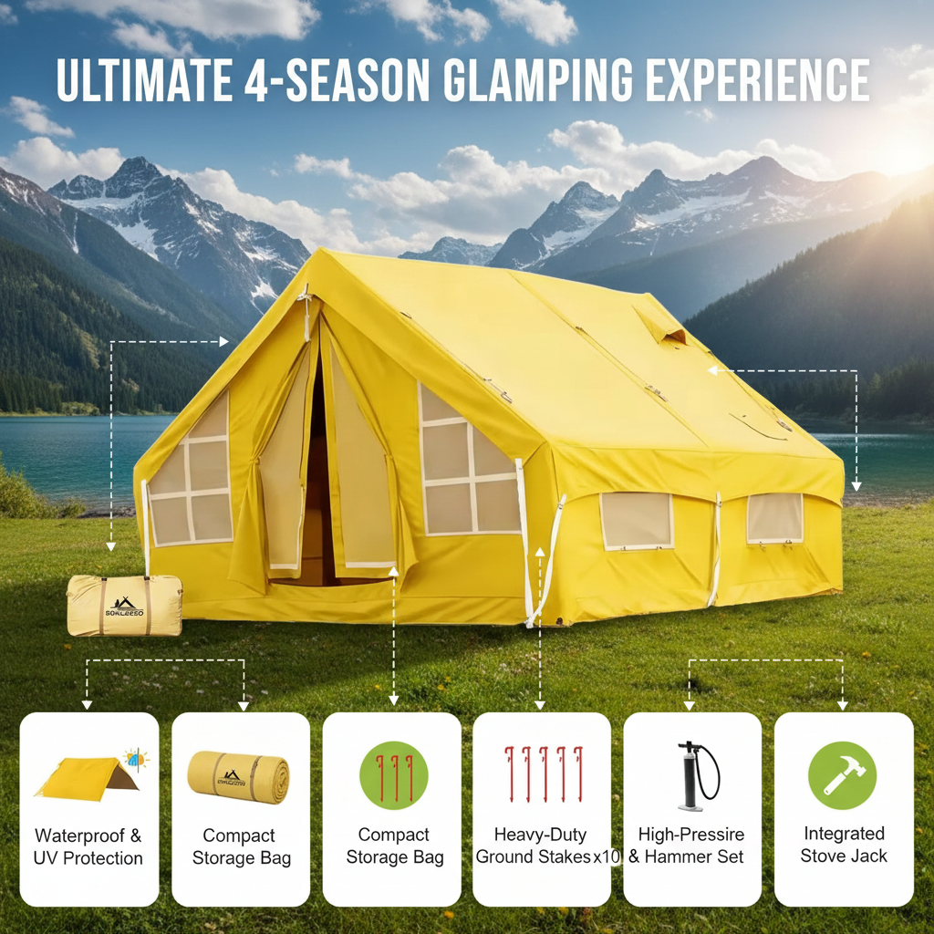 Ultimate 4-Season Inflatable Glamping Villa - 129ft² Spacious Living, All-Weather Waterproof Luxury Tent with Stove Jack