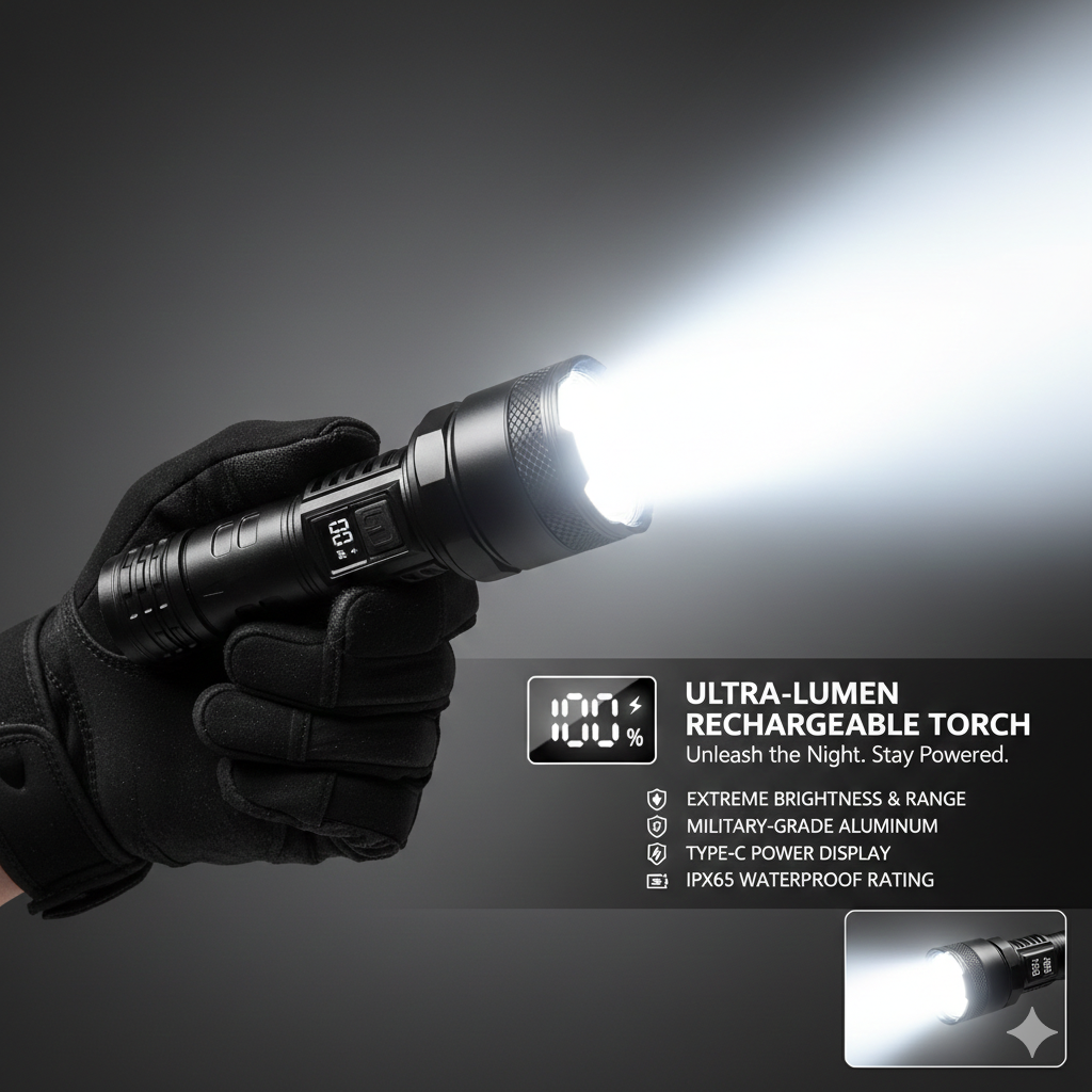 Ultra-Bright Rechargeable Camping Flashlight - Compact Waterproof Tactical Torch with Adjustable Beam, Portable Power for Outdoor Hiking, Fishing & Home Power Outage