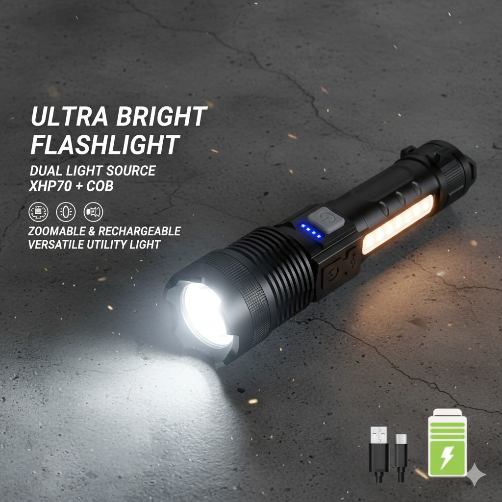 Ultra-Bright Rechargeable Camping Flashlight - Compact Waterproof Tactical Torch with Adjustable Beam, Portable Power for Outdoor Hiking, Fishing & Home Power Outage